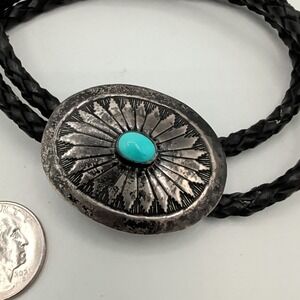 Vintage Southwestern Style 925 Sterling Signed Turquoise Sunburst Bolo Tie